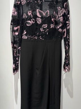 Occasion Black Long-Sleeve Dress with Pink Floral Mesh Bodice